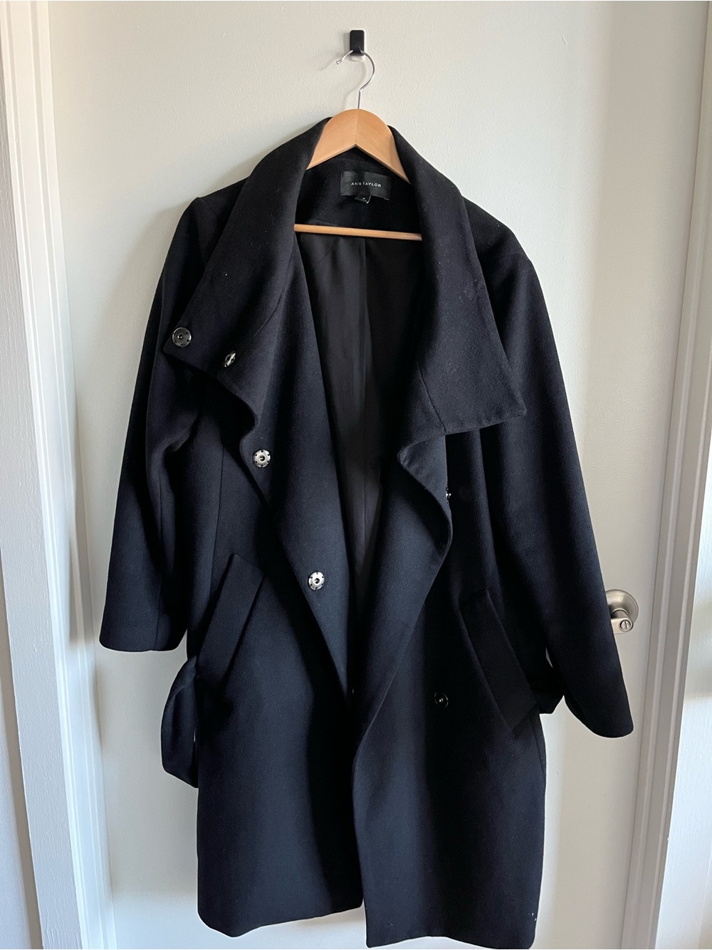 Ann Taylor Black Draped Wool-Blend Peacoat